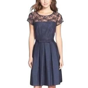 Just Taylor Navy Lace Illusion Shantung Fit and Flare Dress 4 NEW